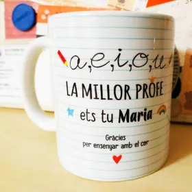 Taza "A, e, i, o, u la millor profe ets tu"